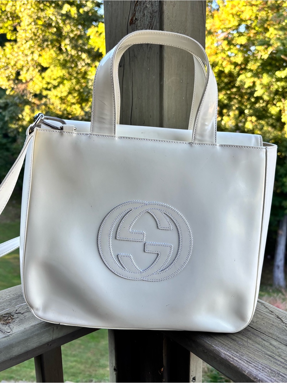 Gucci White Leather Tote with Interlocking G